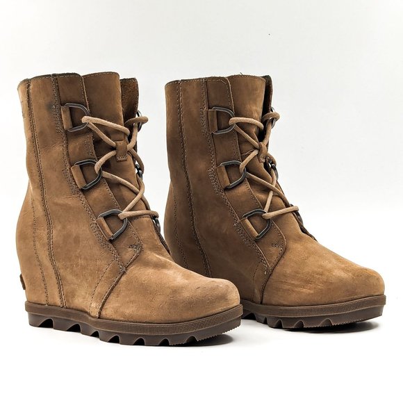 Sorel Women Joan Of Arctic Wedge II Distressed Sand Leather Ankle Boots Size 7 - Picture 1 of 11